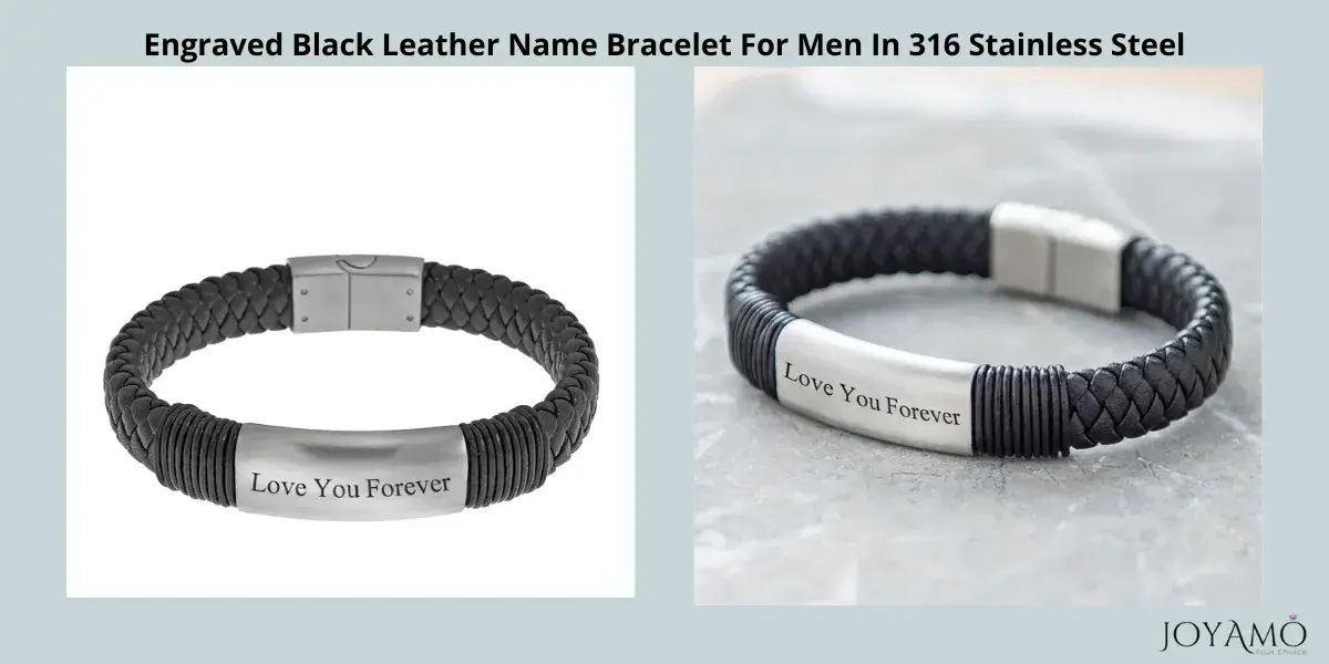 Engraved Black Leather Name Bracelet For Men