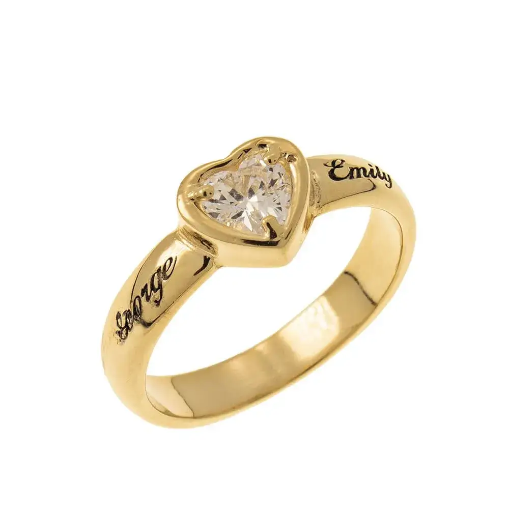 Gemstone Heart Promise Ring With Engraving In 18K Gold Plating