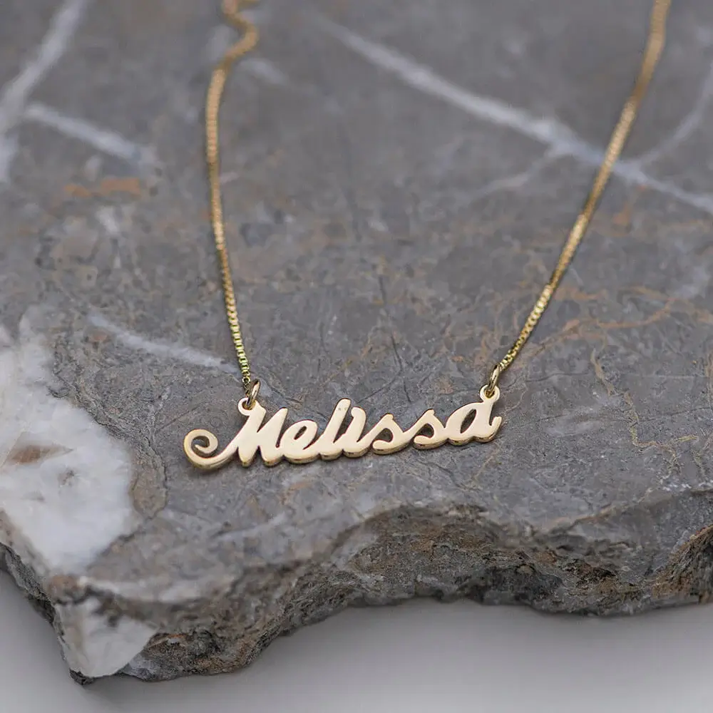 Personalized Melissa Name Plate Necklace in Sterling Silver, Yellow Gold Plating, and Rose Gold Plating