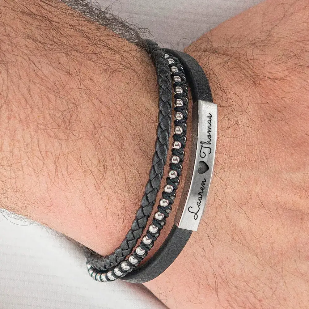 Men Braided Leather Bracelet In 316 Stainless Steel