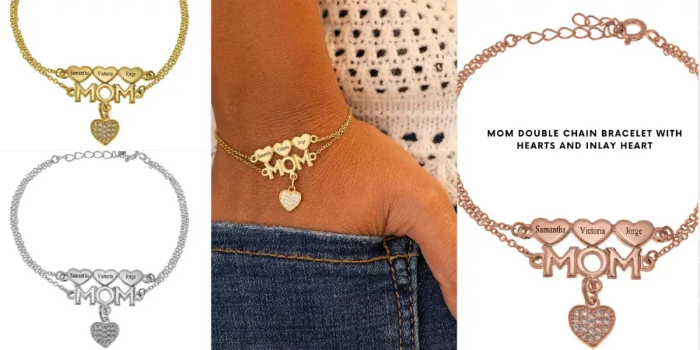 Mom Double Chain Bracelet With Hearts And Inlay Heart