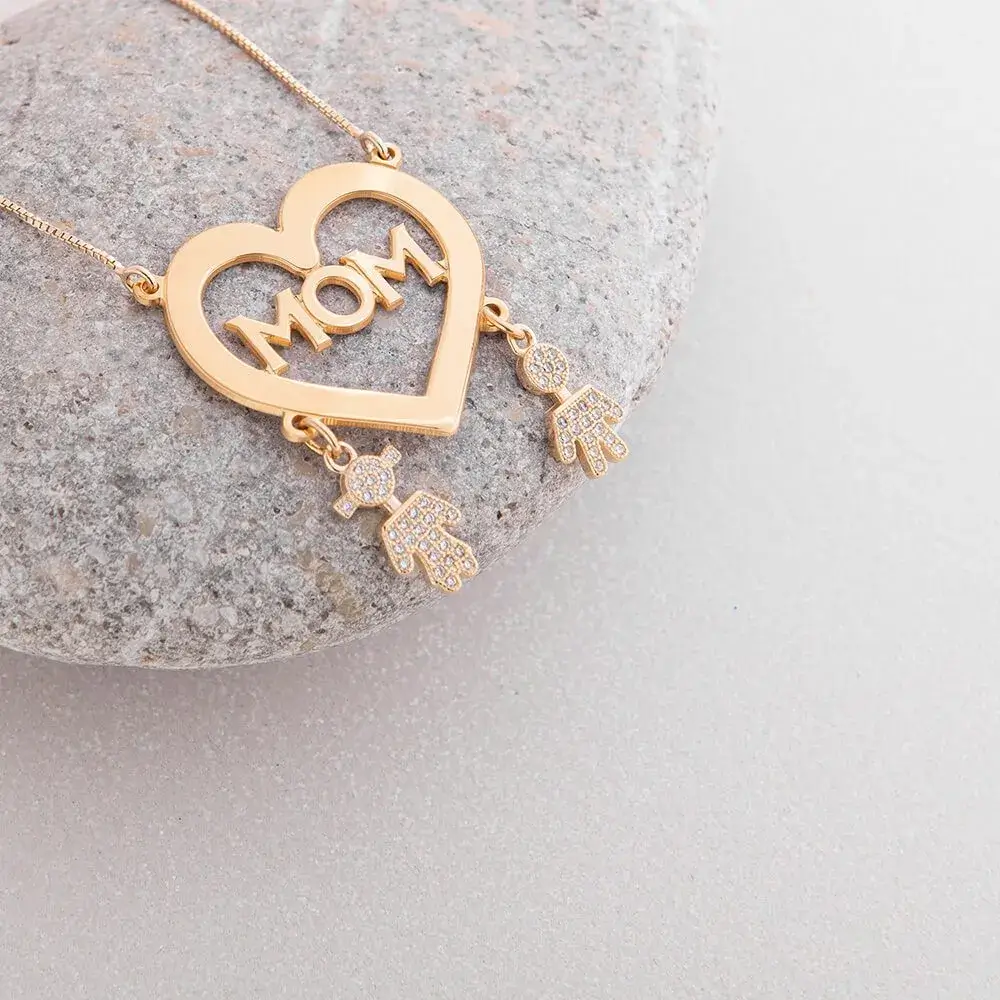 Mom Heart Necklace With Inlay Kids In 18K Gold Plating  