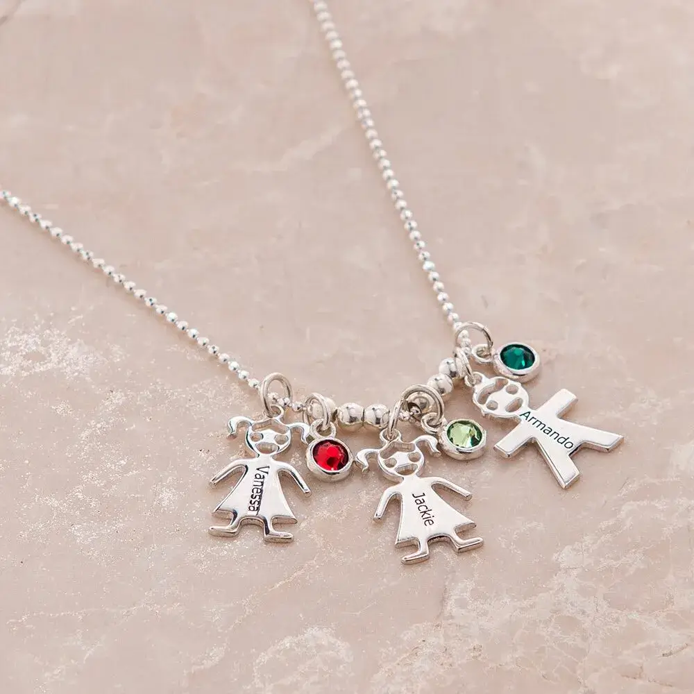 Mother’s Necklace With Children Charms And Birthstones