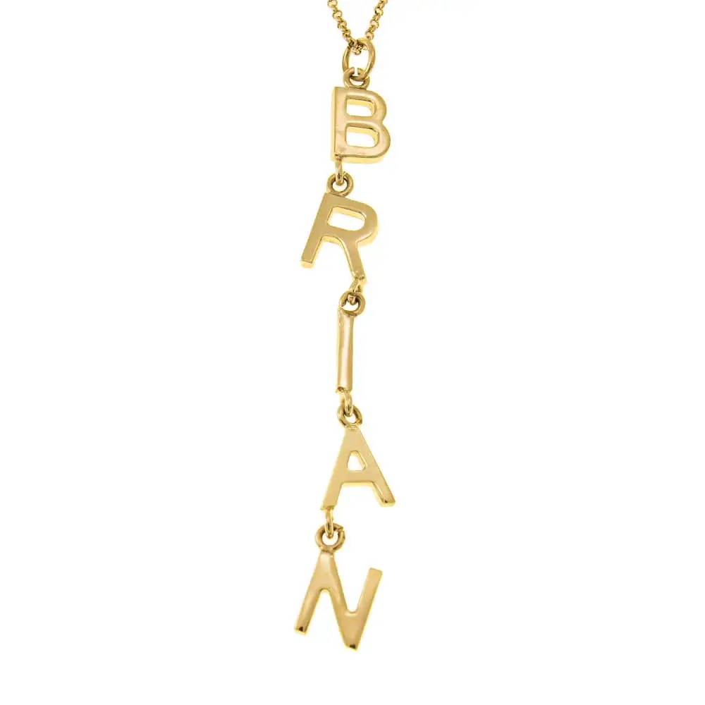Personalized Vertical Tilted Letters Name Necklace In Yellow Gold Plating