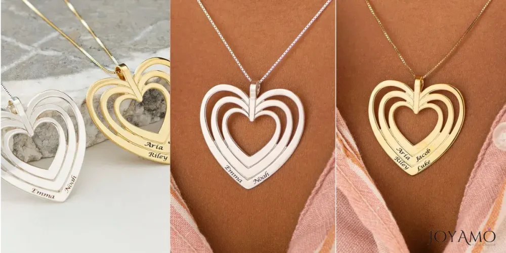 Engraved Family Heart Necklace in Sterling Silver and Gold Plating