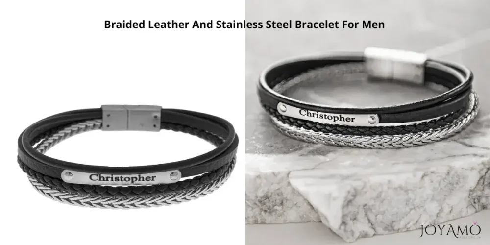 Braided Leather And Stainless Steel Bracelet For Men