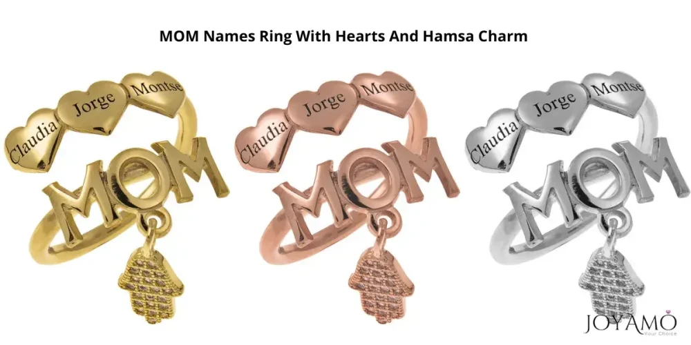 MOM Names Ring With Hearts And Hamsa Charm