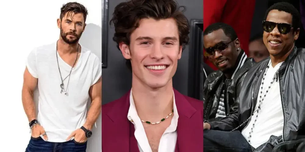 Shawn Mendes. Chris Hemsworth and Jay-Z wearing necklaces of different lengths  