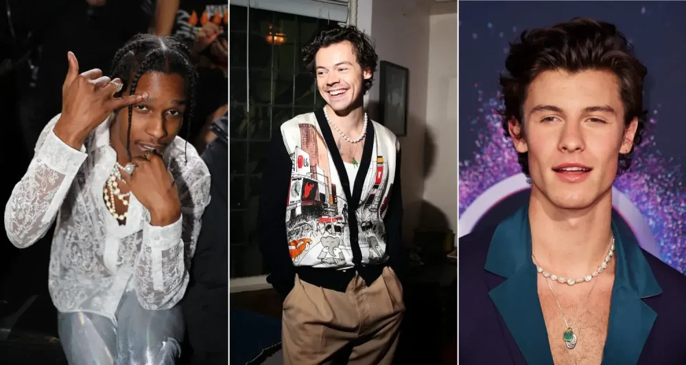 Celebrities like Harry Styles, Shawn Mendes, and Jaden Smith wear Men's Necklaces of different lengths.