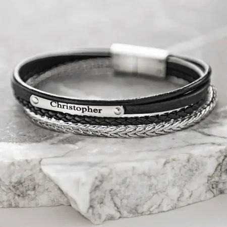 Braided Leather And Stainless Steel Bracelet For Men