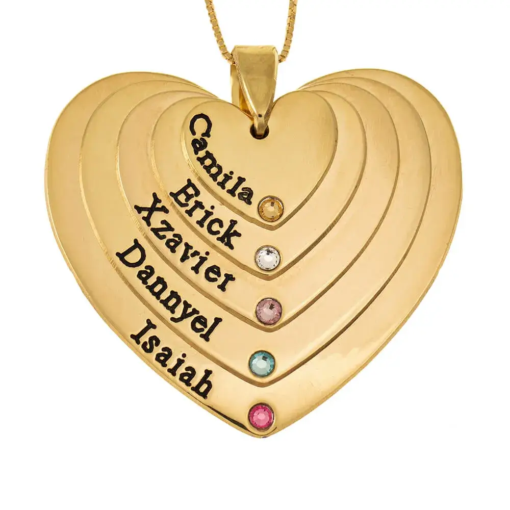 Five Layers Engraved Hearts Mother Necklace With Birthstones
