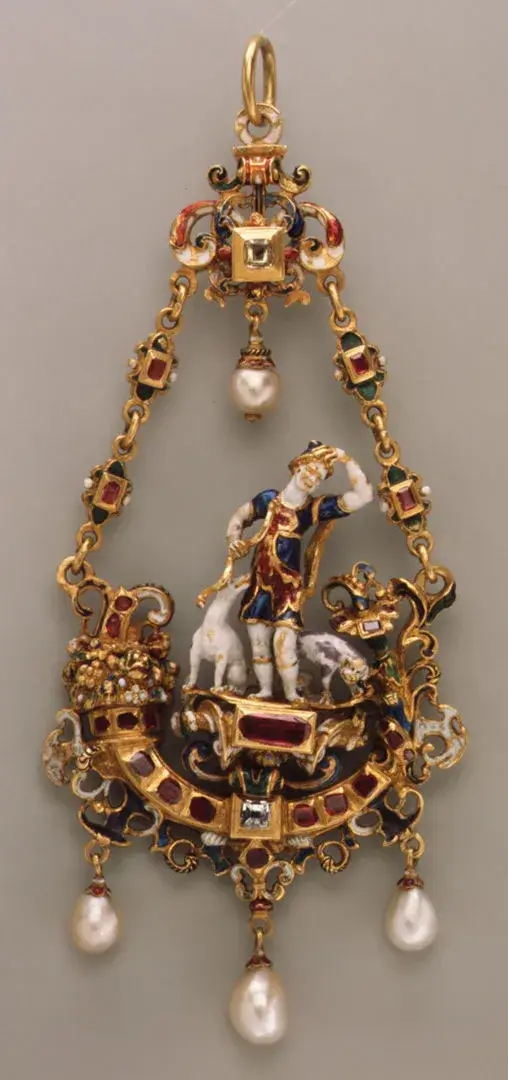  Gold Pendant, Hunter with Hounds, possibly German, ca. 1600.