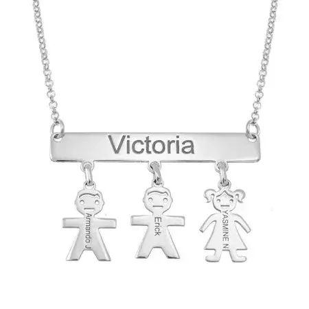 Engraved Bar Necklace With Kids In 925 Sterling Silver