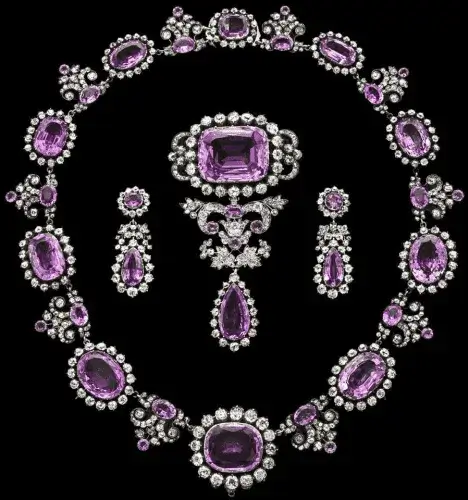 British Crown Amethyst Necklace, Brooch, and Earrings Set