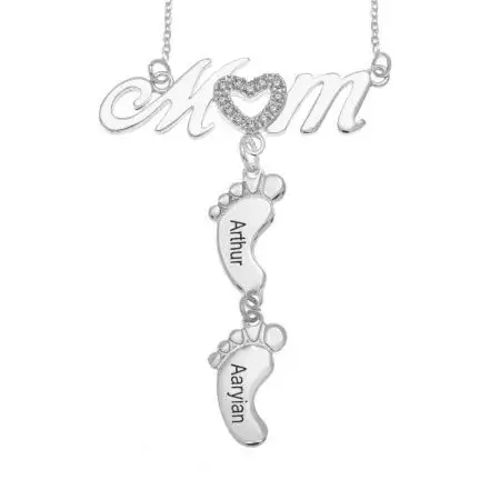 Inlay Mom Necklace With Baby Feet in Sterling Silver