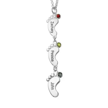 Vertical Baby Feet Necklace With Birthstones In 925 Sterling Silver