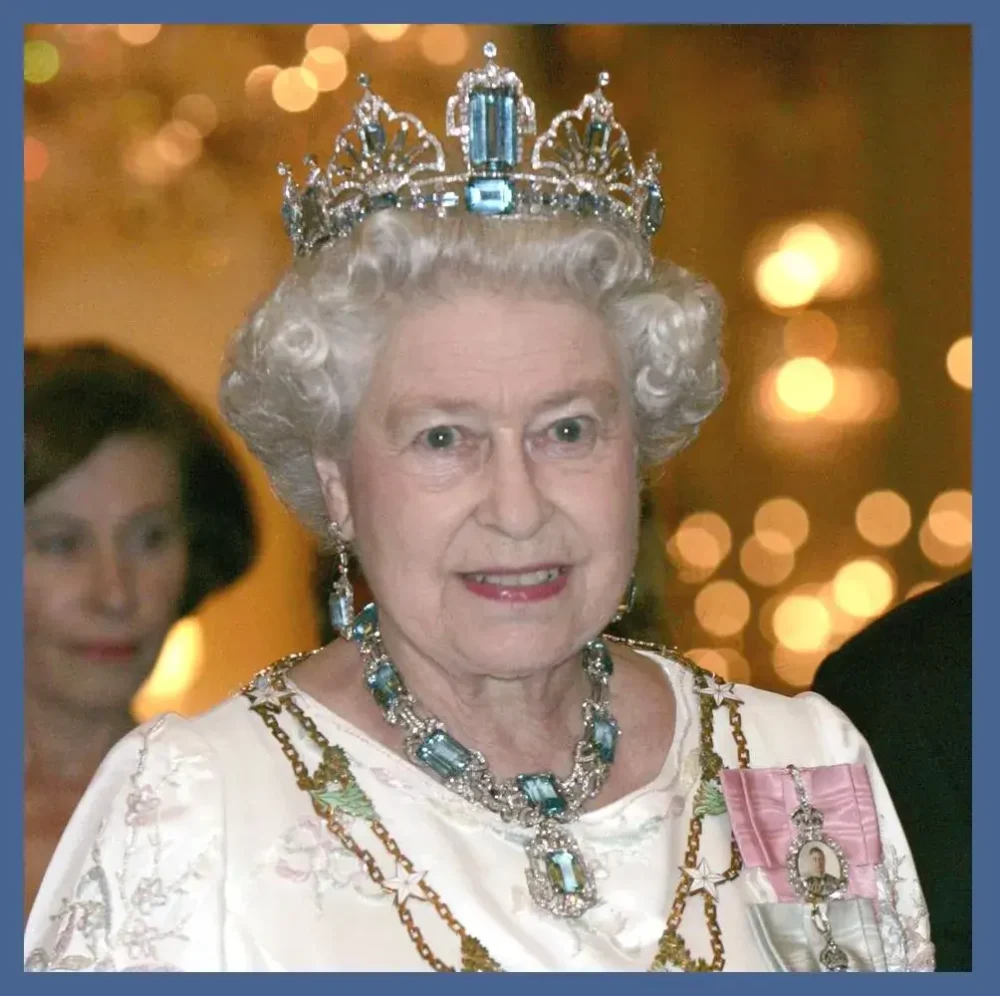 Queen Elizabeth II displaying her Brazilian Aquamarine Tiara